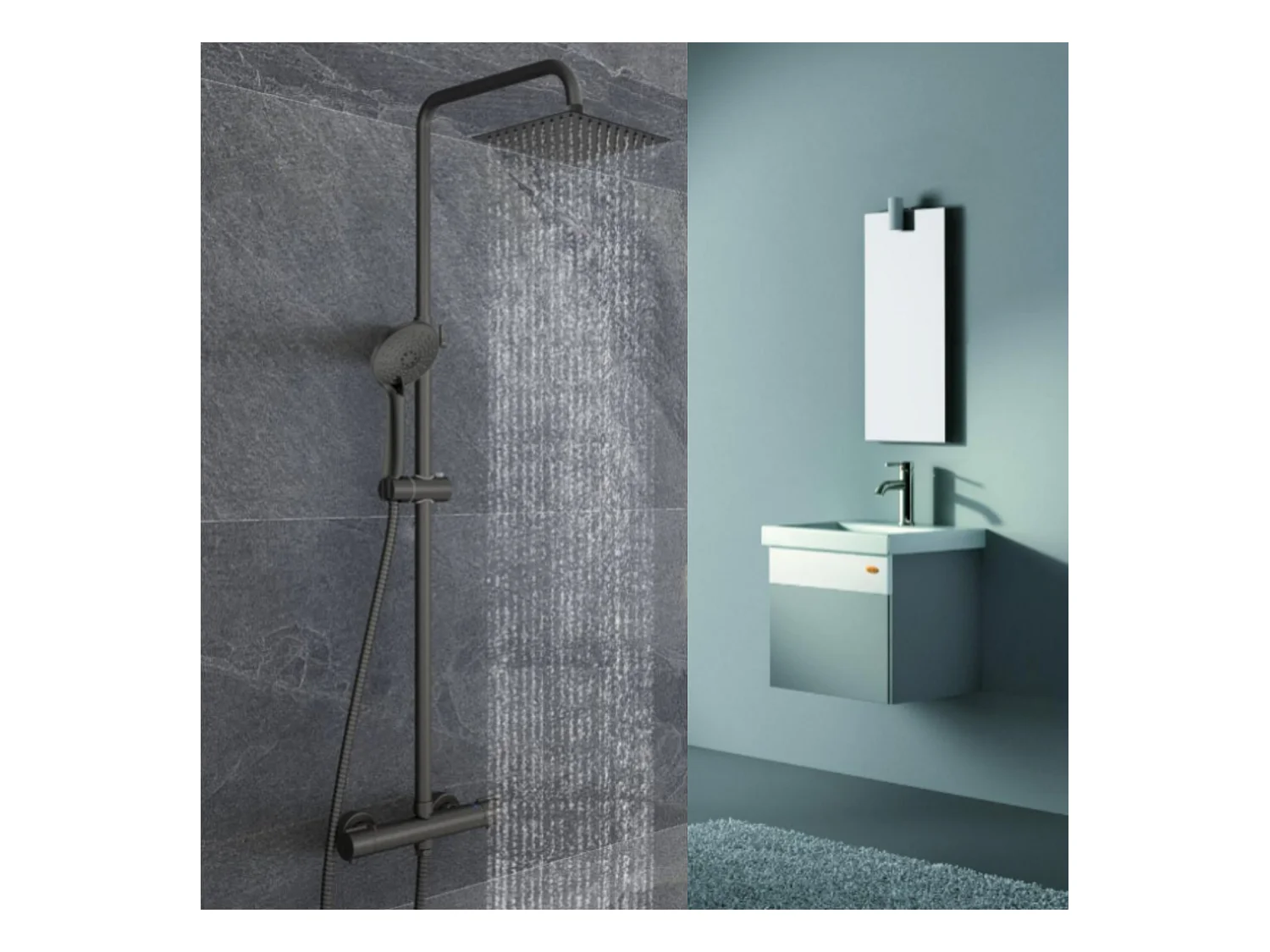 AICA colonne de douche thermostatique noir mat avec douche de tête carrée, douchette ronde à 3 jets, réglable en hauteur