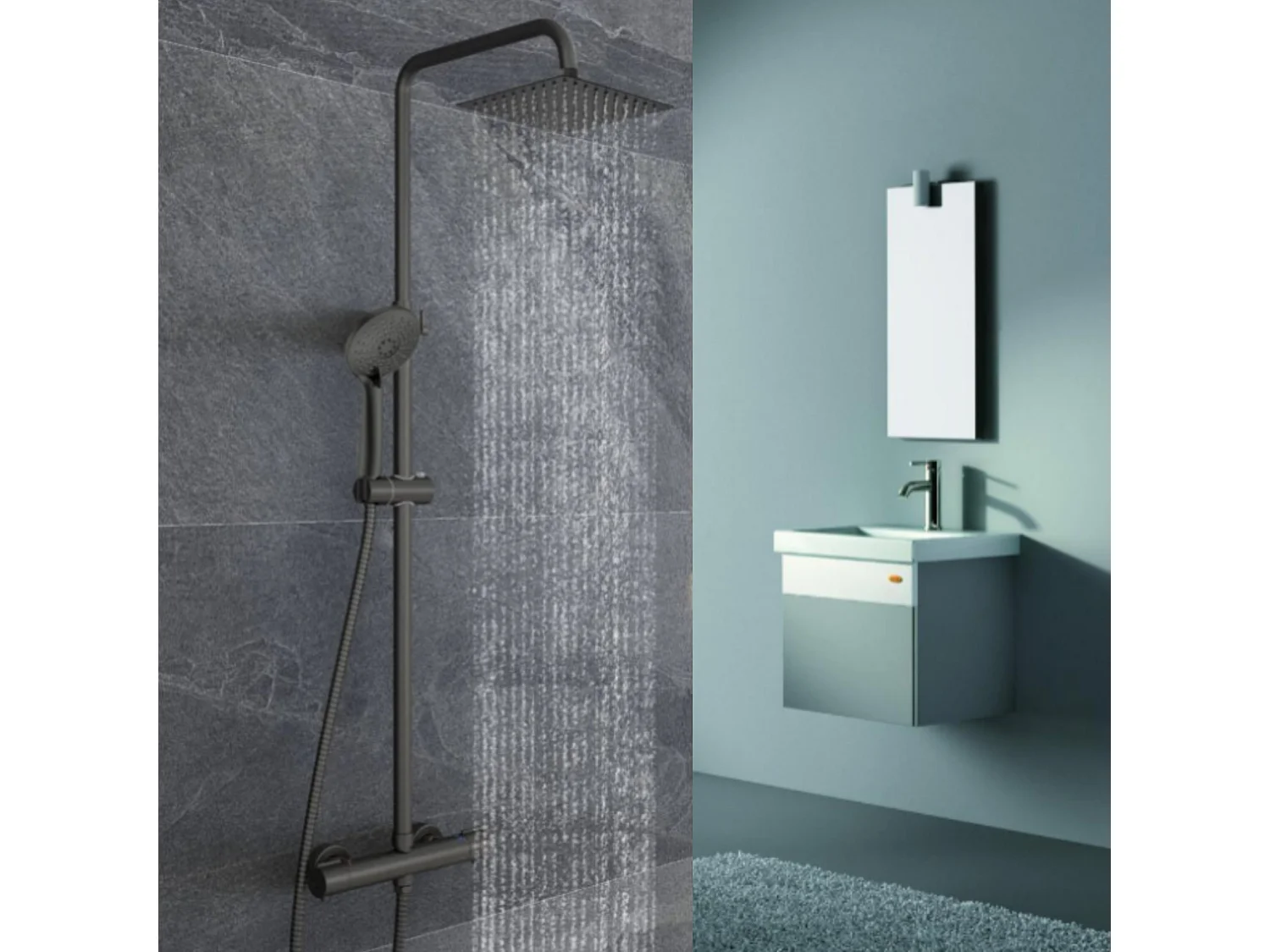 AICA colonne de douche thermostatique noir mat avec douche de tête carrée, douchette ronde à 3 jets, réglable en hauteur