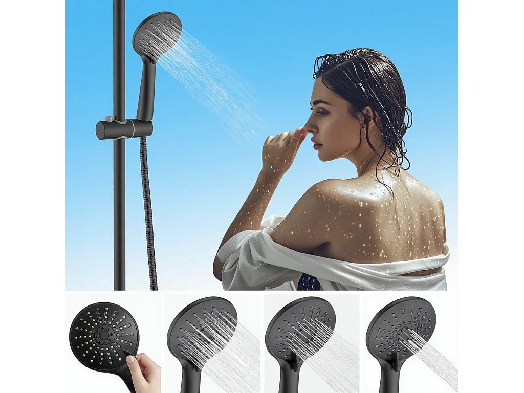 AICA colonne de douche thermostatique noir mat avec douche de tête carrée, douchette ronde à 3 jets, réglable en hauteur