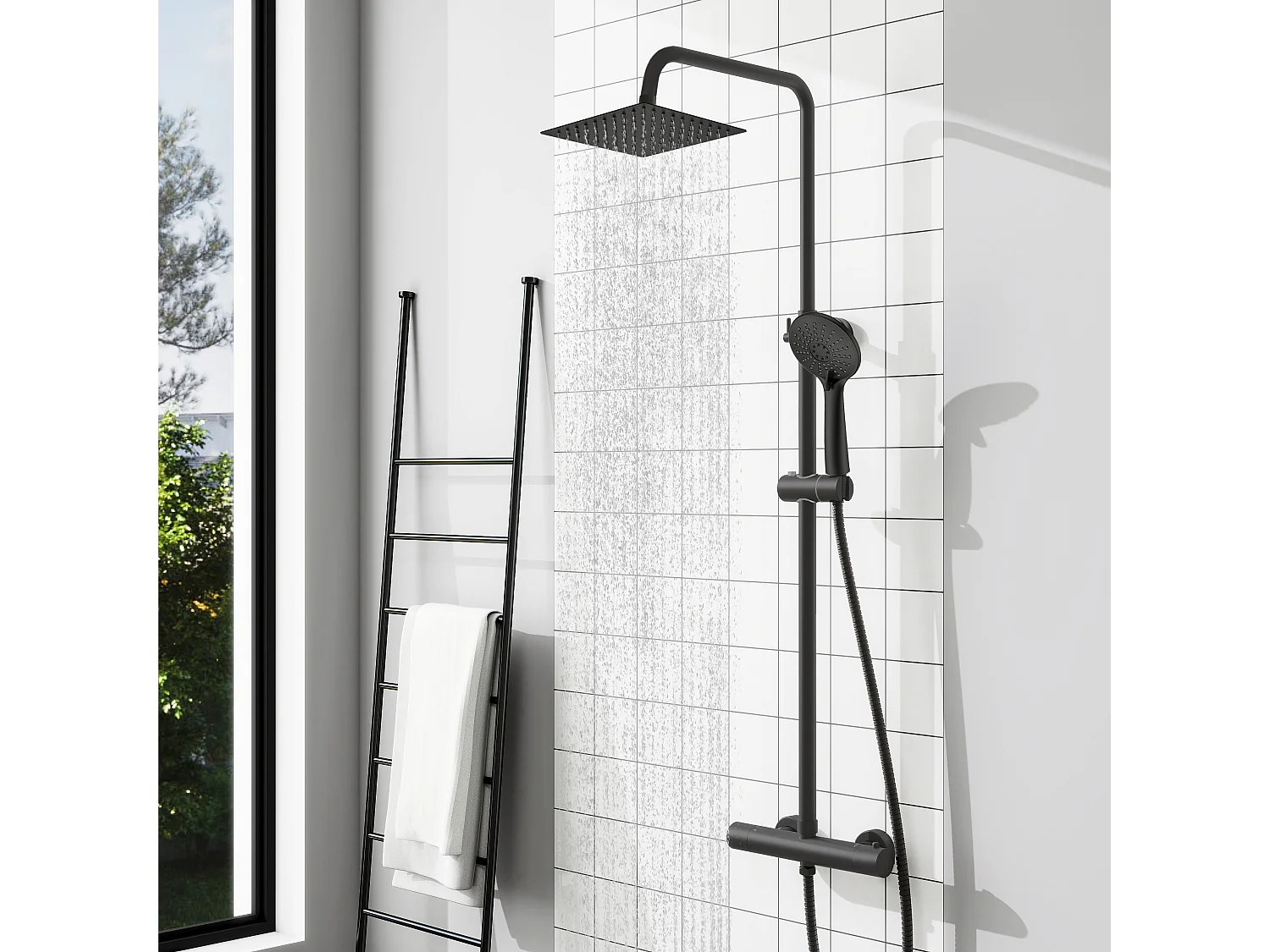 AICA colonne de douche thermostatique noir mat avec douche de tête carrée, douchette ronde à 3 jets, réglable en hauteur