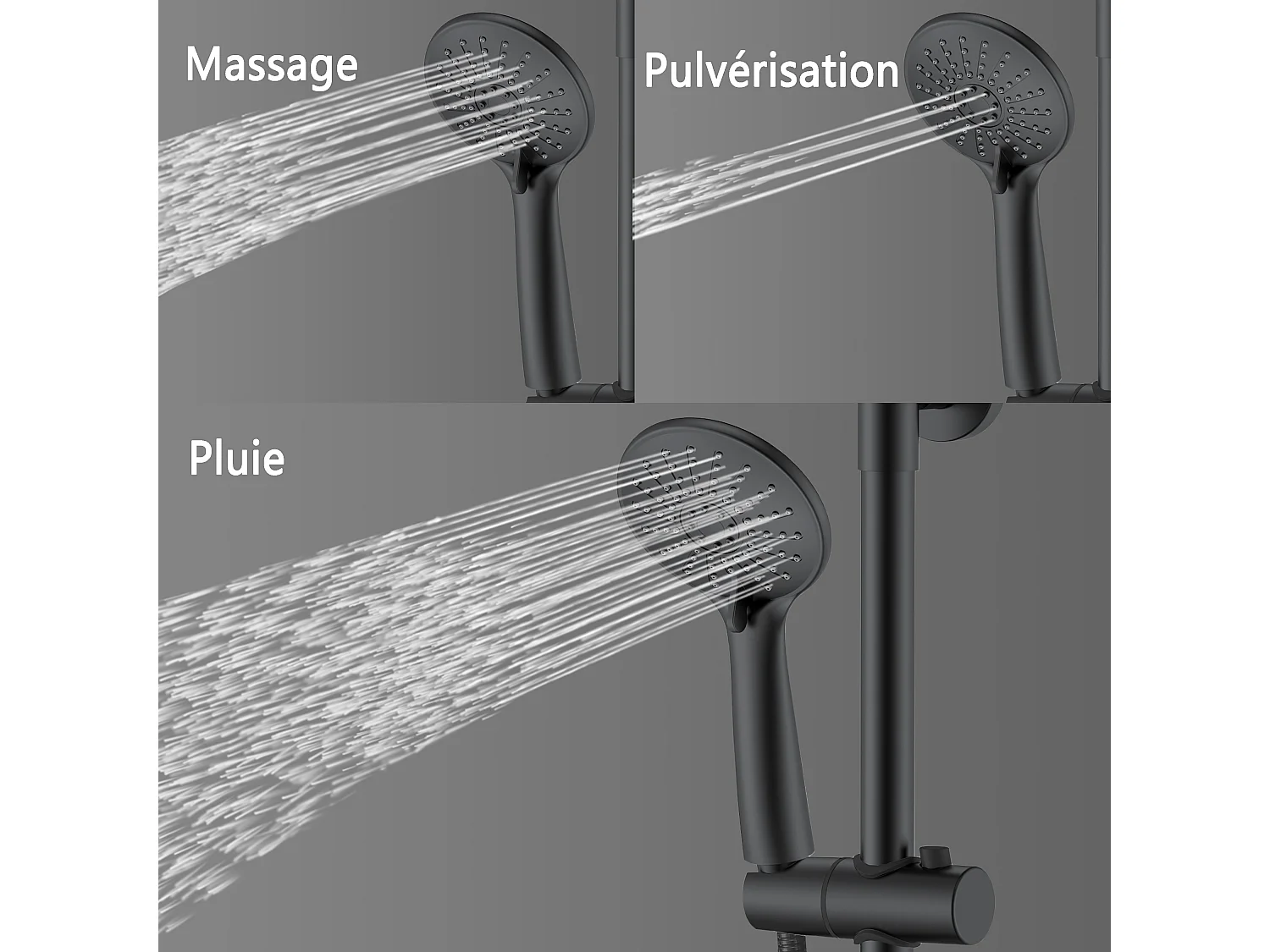 AICA colonne de douche thermostatique noir mat avec douche de tête carrée, douchette ronde à 3 jets, réglable en hauteur