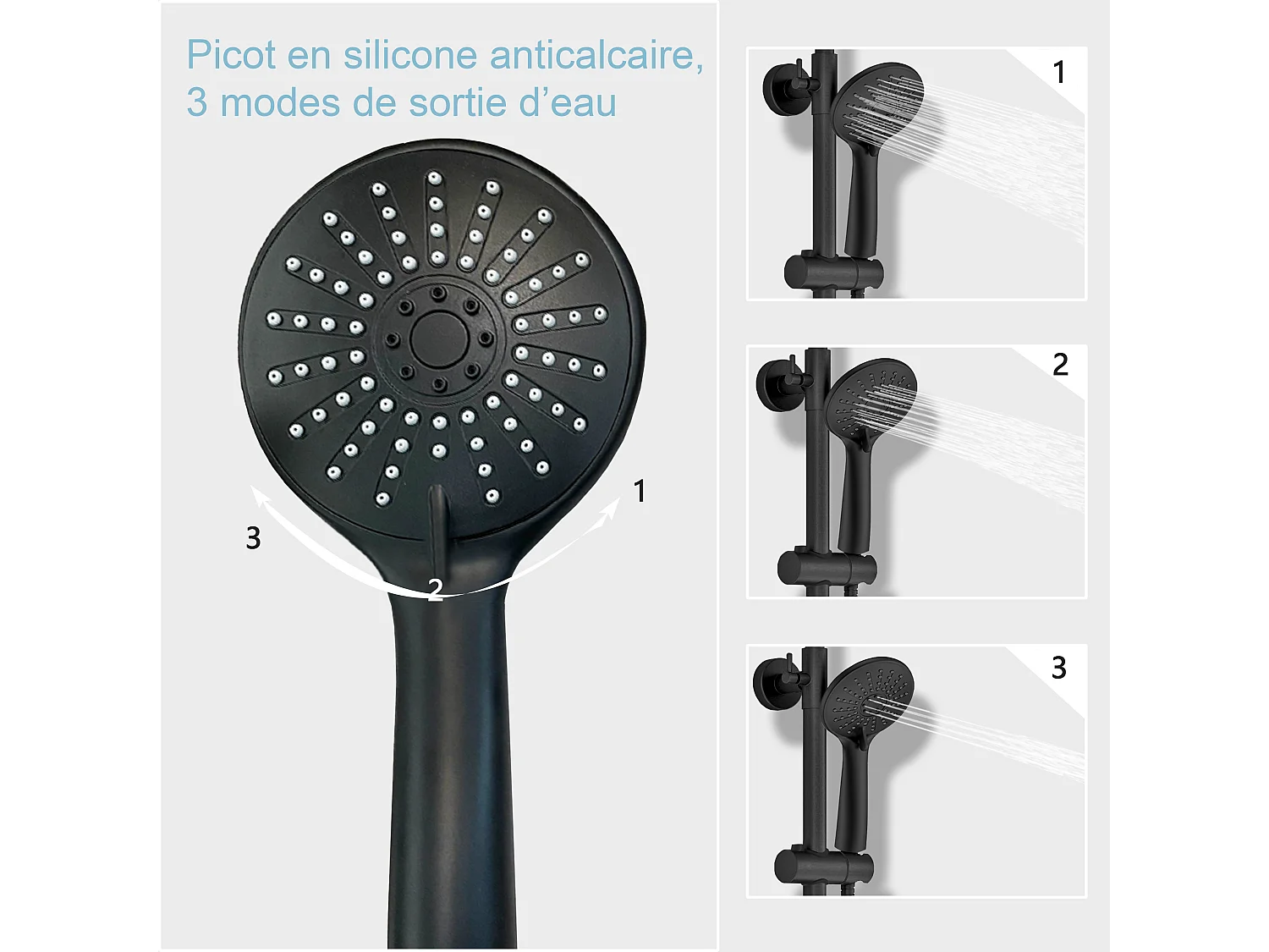 AICA colonne de douche thermostatique noir mat avec douche de tête carrée, douchette ronde à 3 jets, réglable en hauteur