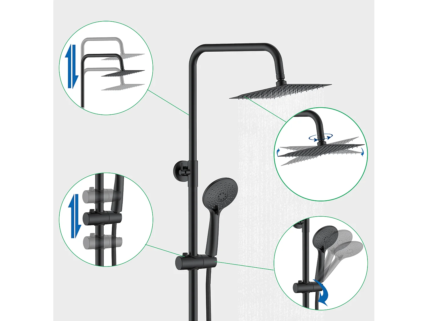 AICA colonne de douche thermostatique noir mat avec douche de tête carrée, douchette ronde à 3 jets, réglable en hauteur