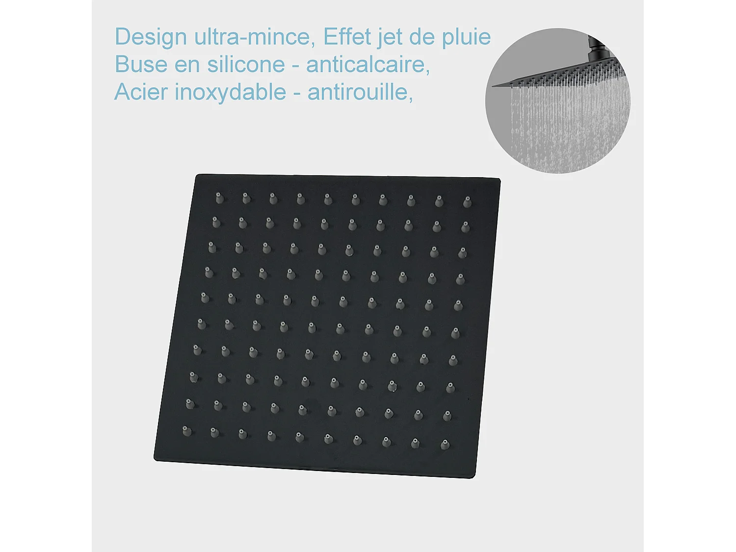 AICA colonne de douche thermostatique noir mat avec douche de tête carrée, douchette ronde à 3 jets, réglable en hauteur