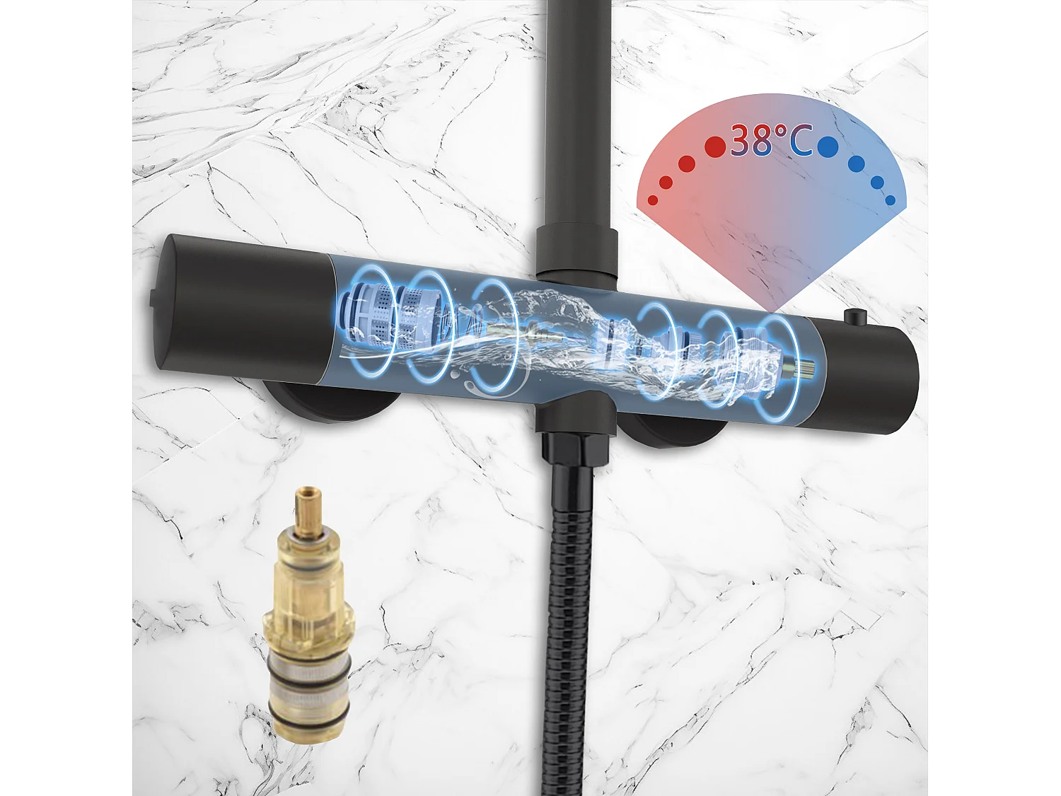 AICA colonne de douche thermostatique noir mat avec douche de tête carrée, douchette ronde à 3 jets, réglable en hauteur