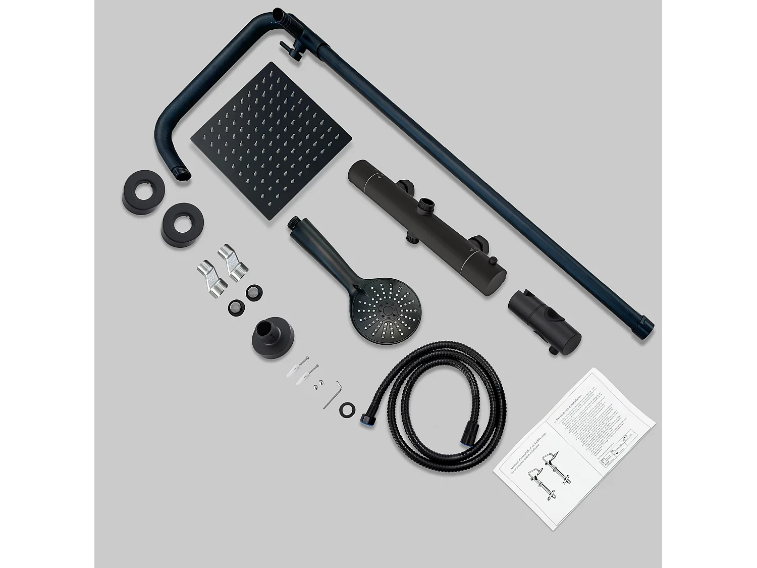 AICA colonne de douche thermostatique noir mat avec douche de tête carrée, douchette ronde à 3 jets, réglable en hauteur