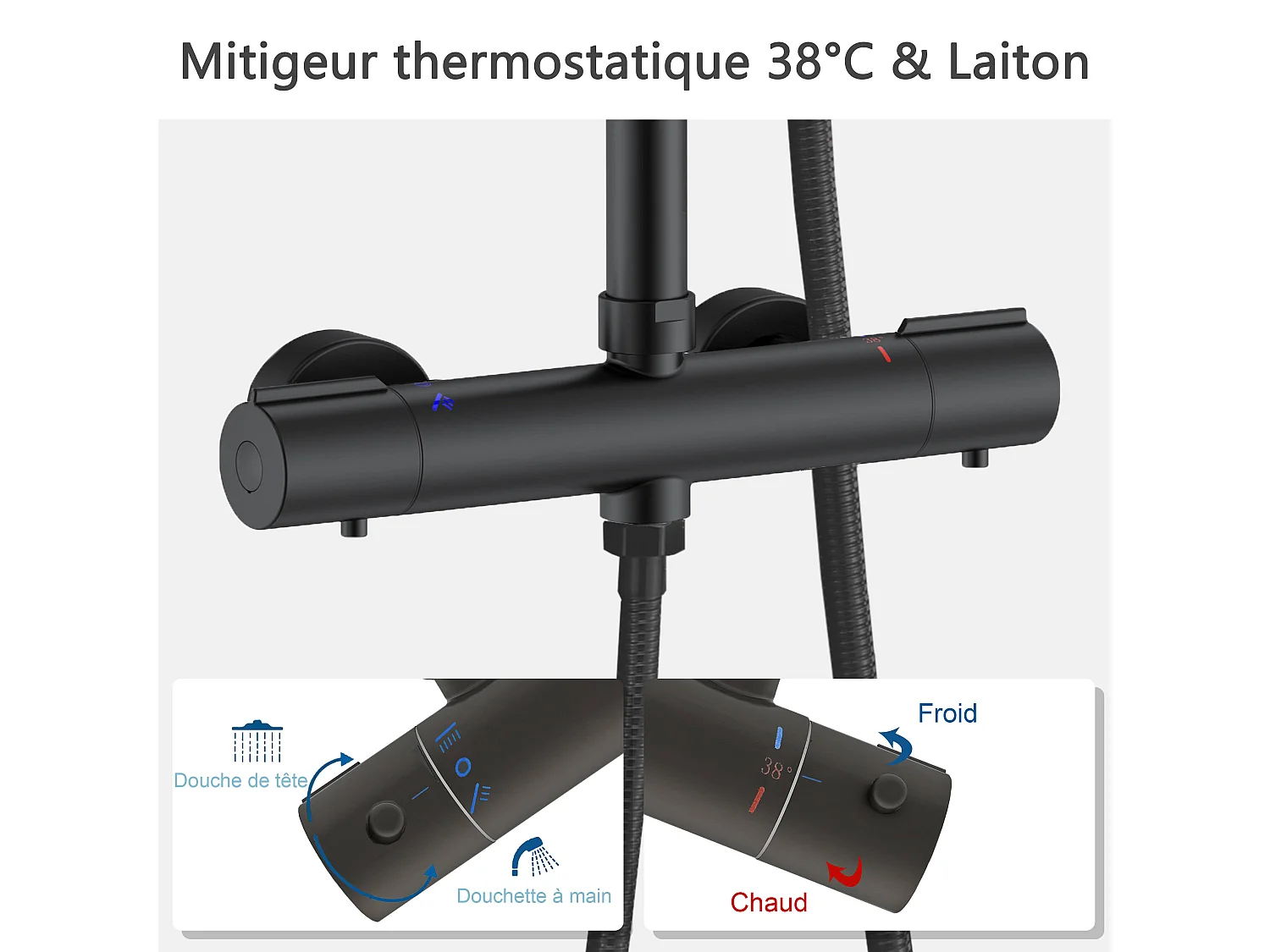 AICA colonne de douche thermostatique noir mat avec douche de tête carrée, douchette ronde à 3 jets, réglable en hauteur