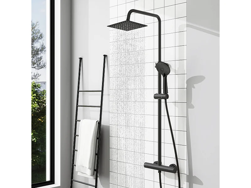 AICA colonne de douche thermostatique noir mat avec douche de tête carrée, douchette ronde à 3 jets, réglable en hauteur