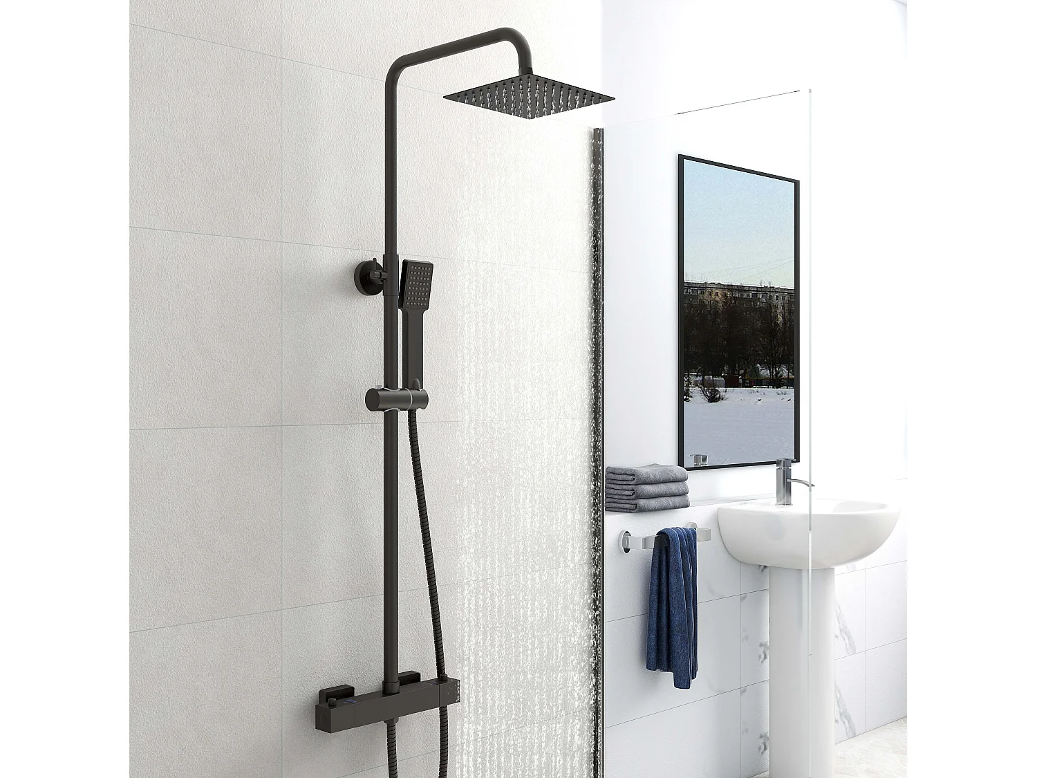 AICA colonne de douche thermostatique noir mat avec douche de tête carrée et douchette à main avec hauteur réglable