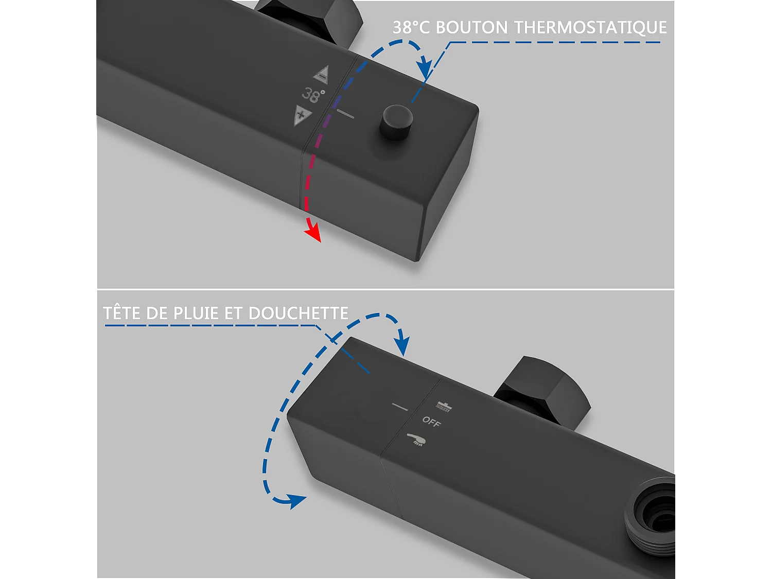 AICA colonne de douche thermostatique noir mat avec douche de tête carrée et douchette à main avec hauteur réglable