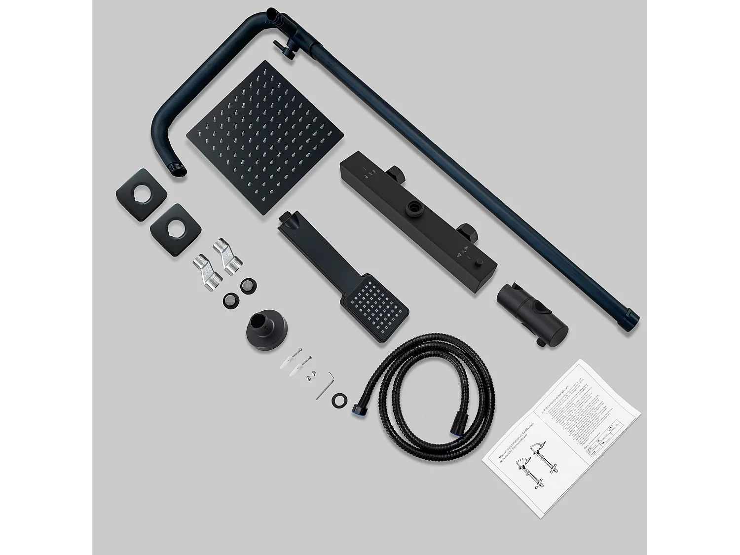 AICA colonne de douche thermostatique noir mat avec douche de tête carrée et douchette à main avec hauteur réglable