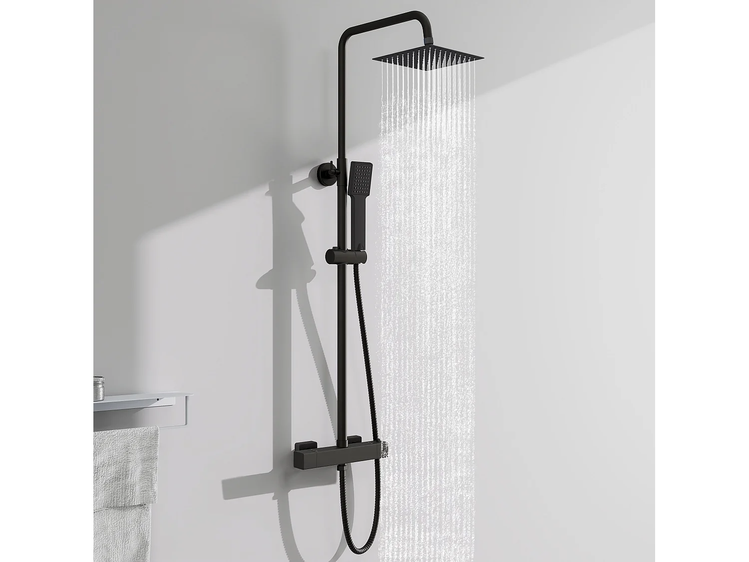 AICA colonne de douche thermostatique noir mat avec douche de tête carrée et douchette à main avec hauteur réglable