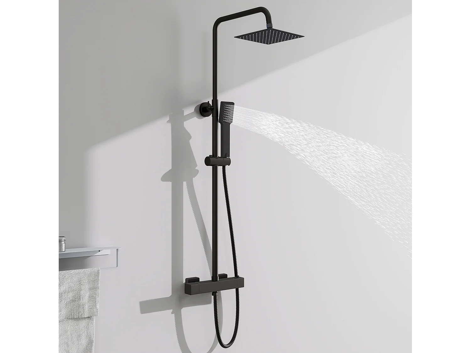 AICA colonne de douche thermostatique noir mat avec douche de tête carrée et douchette à main avec hauteur réglable
