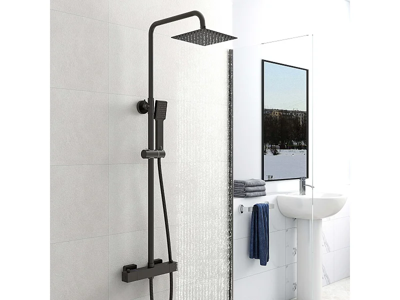 AICA colonne de douche thermostatique noir mat avec douche de tête carrée et douchette à main avec plusieurs modes réglables