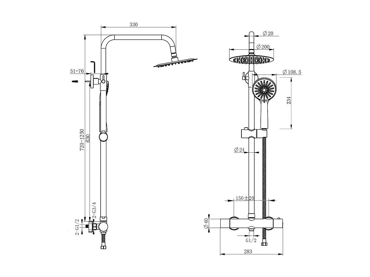 AICA Colonne de douche thermostatique, avec douchette 3 jet, hauteur réglable