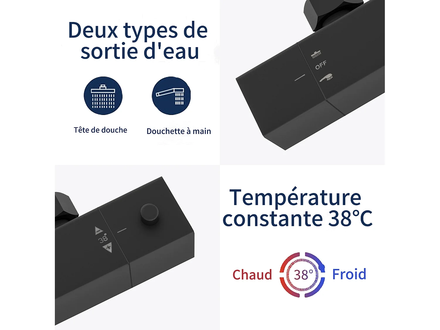 AICA colonne de douche thermostatique noir mat avec douche de tête carrée 20X20cm, réglable en hauteur 730-1150mm