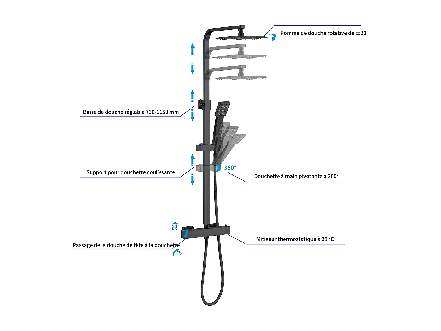 AICA colonne de douche thermostatique noir mat avec douche de tête carrée 20X20cm, réglable en hauteur 730-1150mm