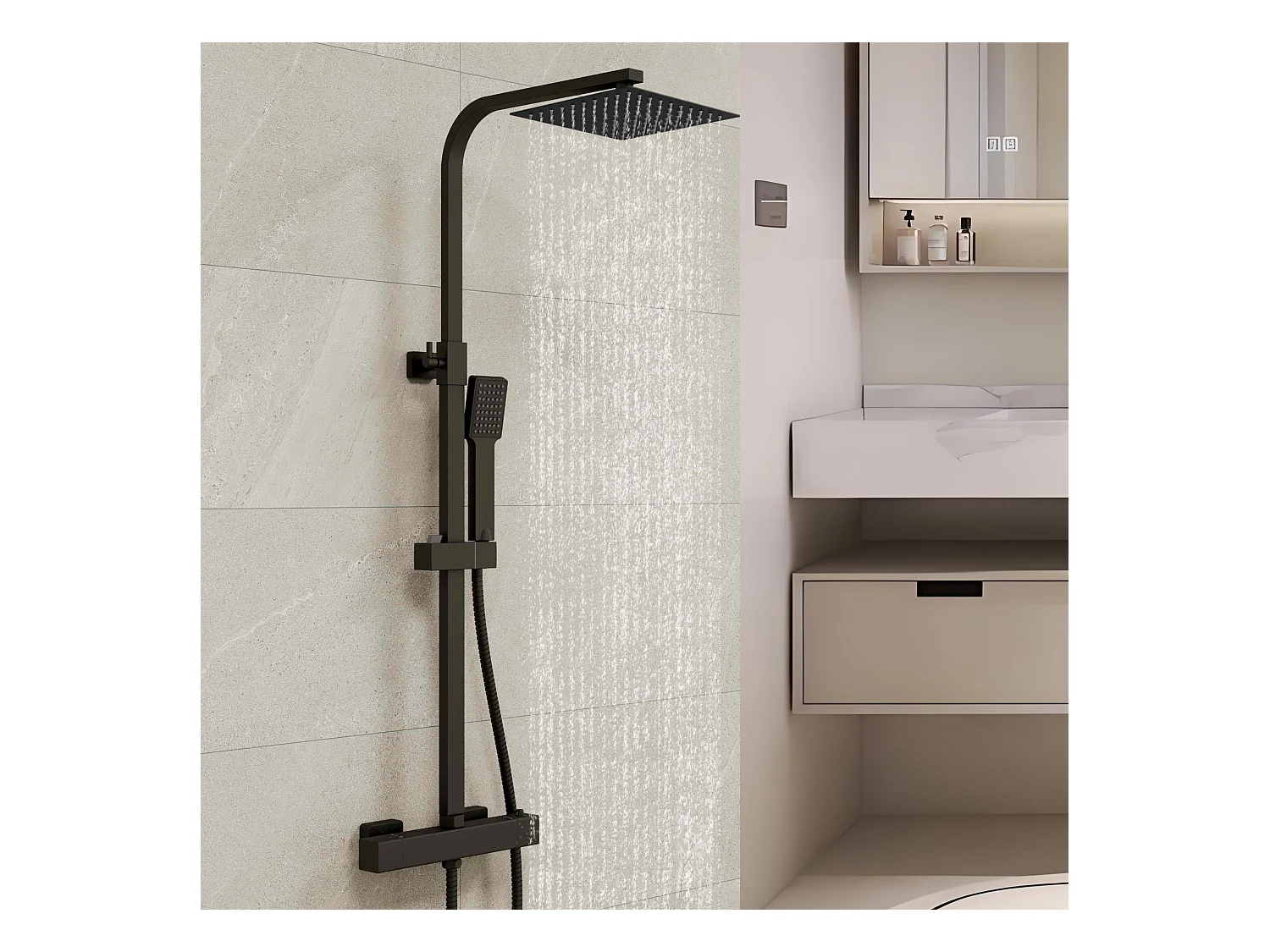 AICA colonne de douche thermostatique noir mat avec douche de tête carrée 20X20cm, réglable en hauteur 730-1150mm