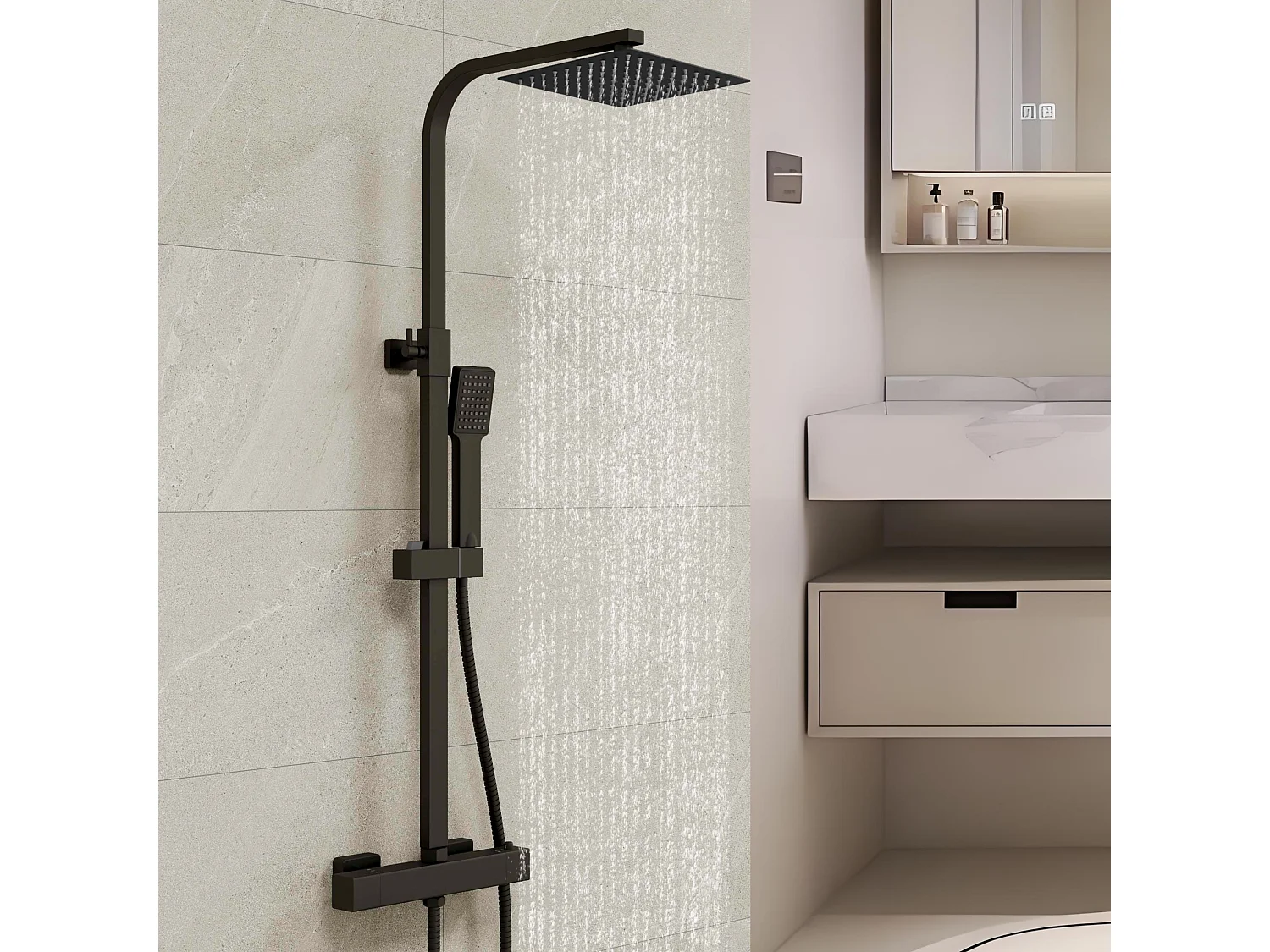 AICA colonne de douche thermostatique noir mat avec douche de tête carrée 20X20cm, réglable en hauteur 730-1150mm