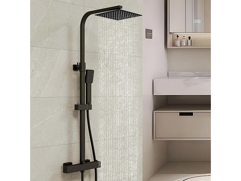 AICA colonne de douche thermostatique noir mat avec douche de tête carrée 20X20cm, réglable en hauteur 730-1150mm