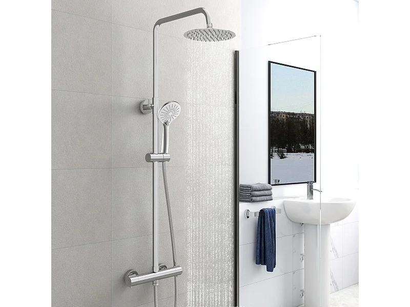 AICA Colonne de douche thermostatique chromée, avec douche de tête ronde et douchette à main réglable en plusieurs modes