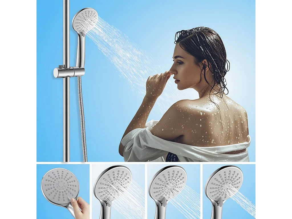 AICA Colonne de douche thermostatique chromée, avec douche de tête ronde et douchette à main réglable en plusieurs modes