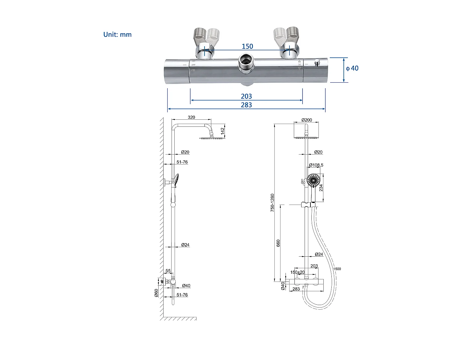 AICA Colonne de douche thermostatique chromée, avec douche de tête ronde et douchette à main réglable en plusieurs modes