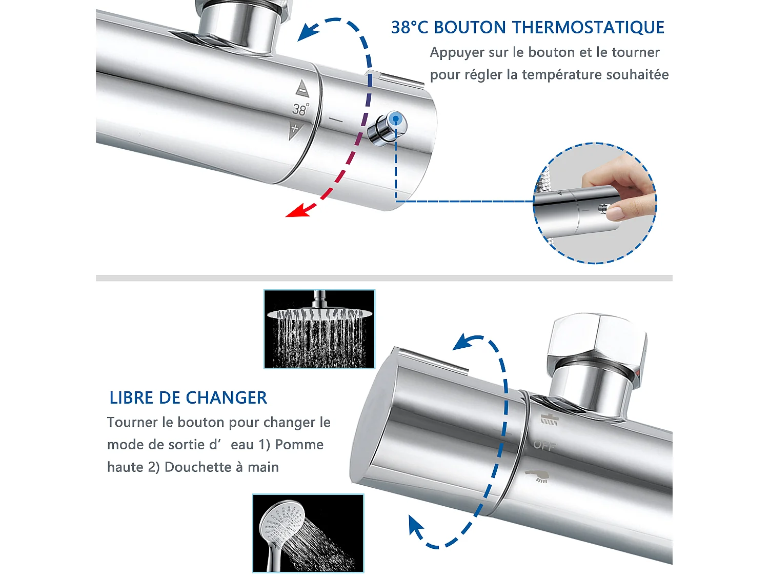 AICA Colonne de douche thermostatique chromée, avec douche de tête ronde et douchette à main réglable en plusieurs modes