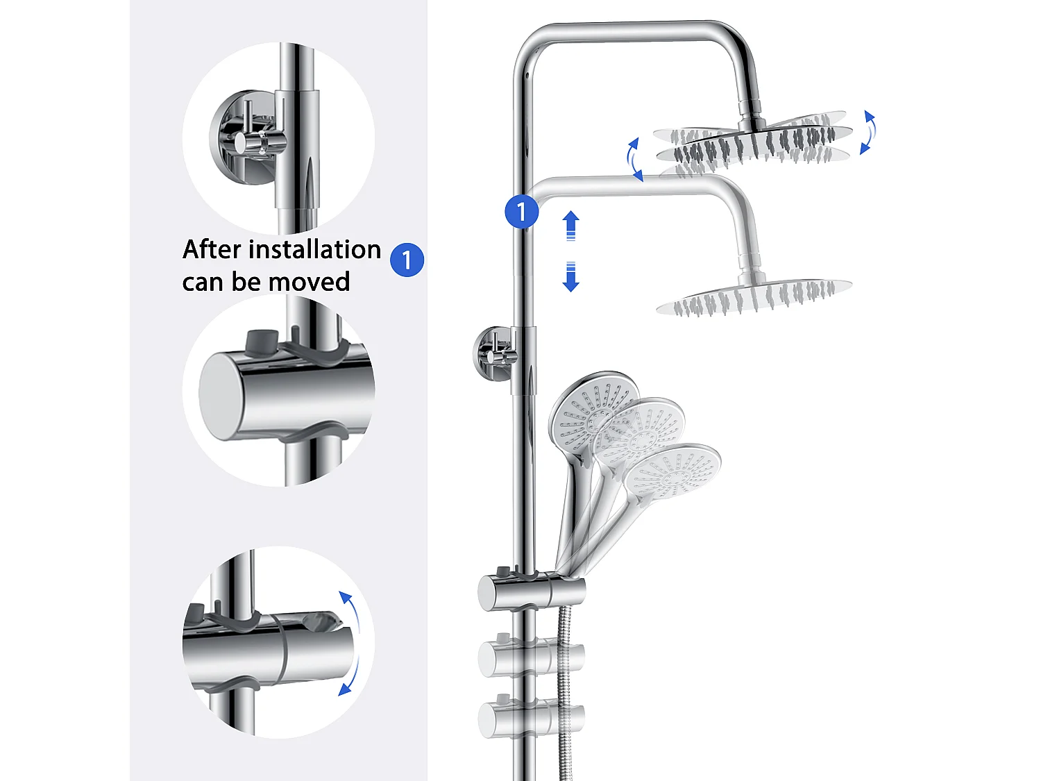 AICA Colonne de douche thermostatique chromée, avec douche de tête ronde et douchette à main réglable en plusieurs modes