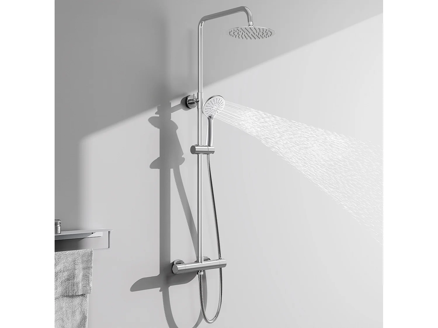 AICA Colonne de douche thermostatique chromée, avec douche de tête ronde et douchette à main réglable en plusieurs modes