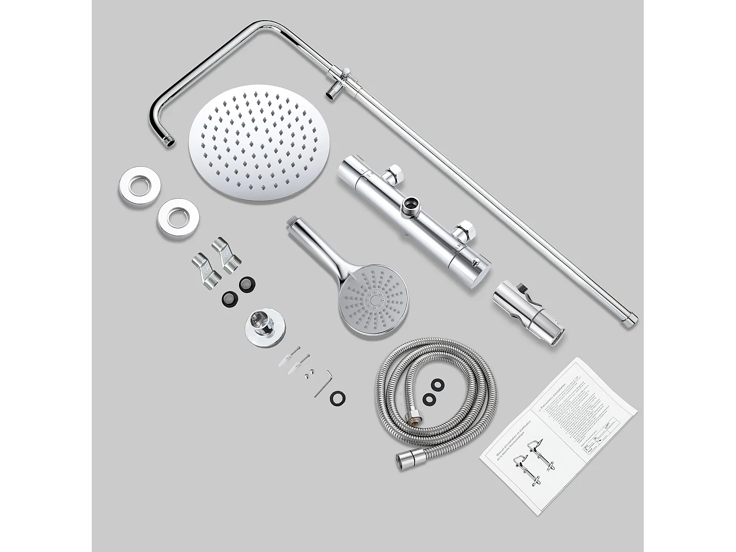 AICA Colonne de douche thermostatique chromée, avec douche de tête ronde et douchette à main réglable en plusieurs modes