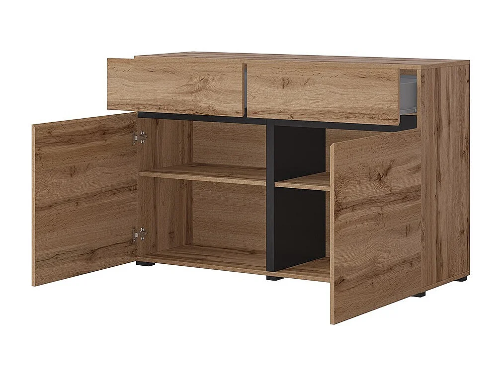Buffet 120cm kleur eiken en zwart, collectie HAVANA. Dressoir met 2 deuren en 2 laden.