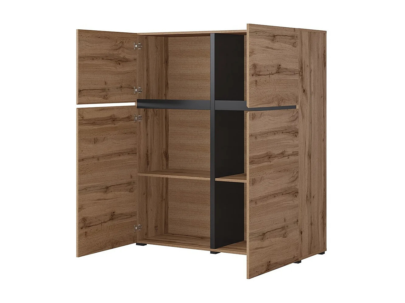 Buffet haut coloris chêne et noir L120xH140xP40 collection HAVANA. Bahut  haut design avec 4 portes.