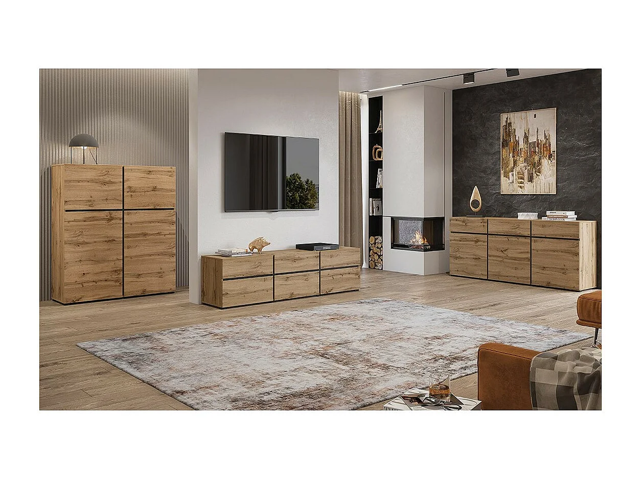 Buffet haut coloris chêne et noir L120xH140xP40 collection HAVANA. Bahut  haut design avec 4 portes.