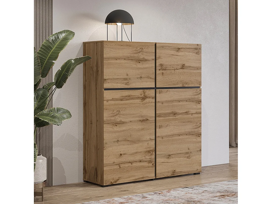 Buffet haut coloris chêne et noir L120xH140xP40 collection HAVANA. Bahut  haut design avec 4 portes.