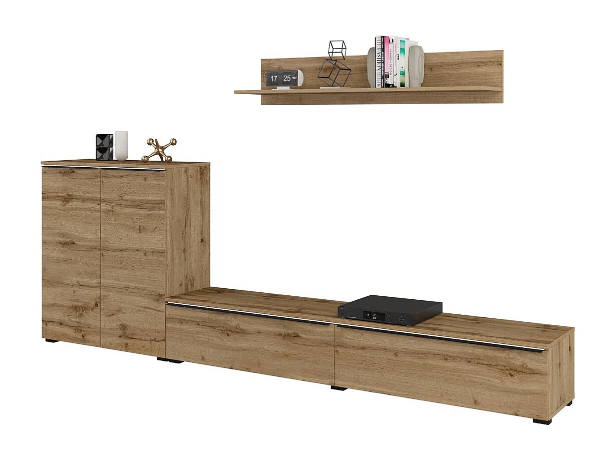 Woonkamerset ALICE - Boekenkast, Buffetkast met 2 deuren, TV-meubel in Wotan eiken