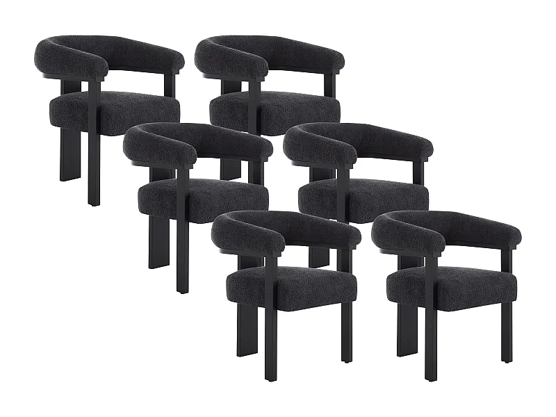 Lot de 6 chaises avec accoudoirs en tissu bouclette et bois d'hévéa noir - Anthracite foncé - LIVELIA de Pascal MORABITO