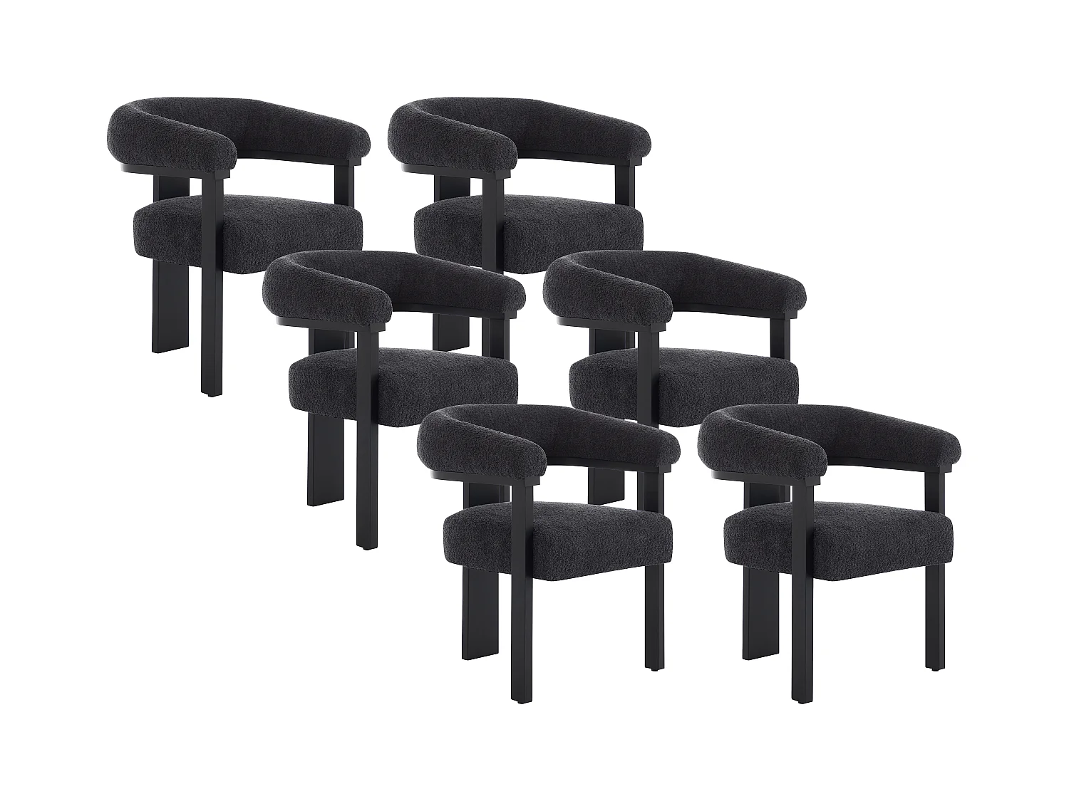 Lot de 6 chaises avec accoudoirs en tissu bouclette et bois d'hévéa noir - Anthracite foncé - LIVELIA de Pascal MORABITO