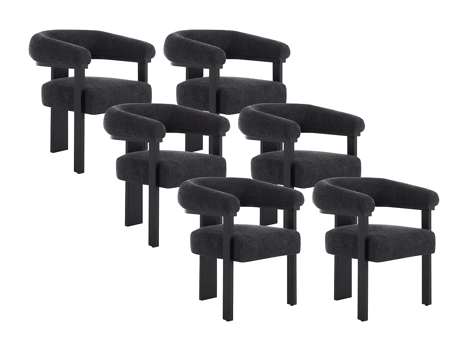 Lot de 6 chaises avec accoudoirs en tissu bouclette et bois d'hévéa noir - Anthracite foncé - LIVELIA de Pascal MORABITO