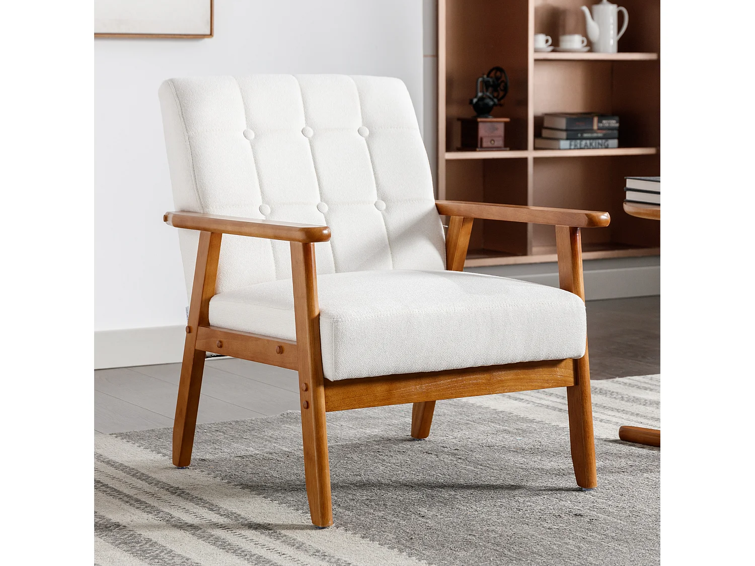 KOMHTOM Chaise longue avec accoudoirs et pieds en bois massif, chaise d'appoint moderne du milieu du siècle, Beige