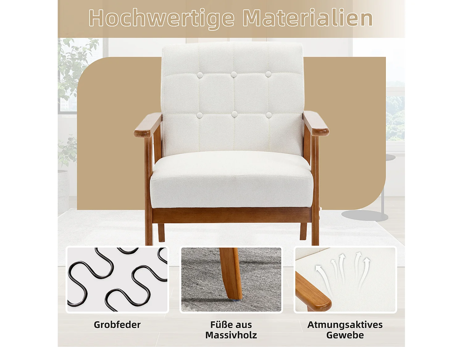 KOMHTOM Chaise longue avec accoudoirs et pieds en bois massif, chaise d'appoint moderne du milieu du siècle, Beige