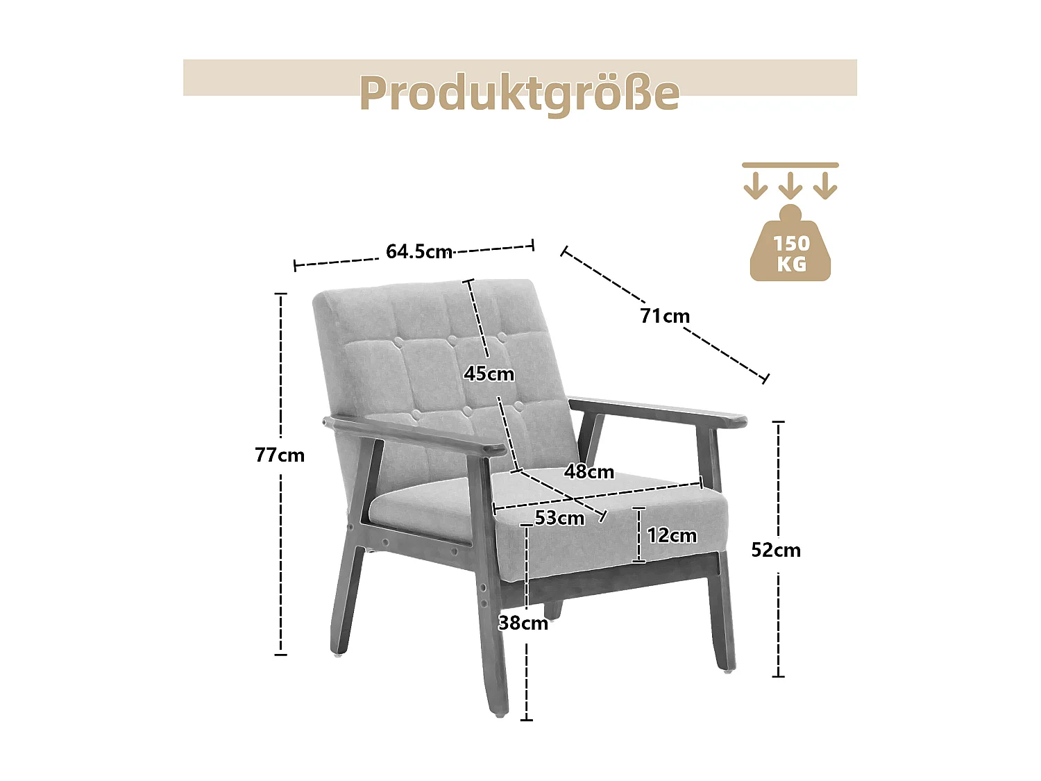 KOMHTOM Chaise longue avec accoudoirs et pieds en bois massif, chaise d'appoint moderne du milieu du siècle, Beige