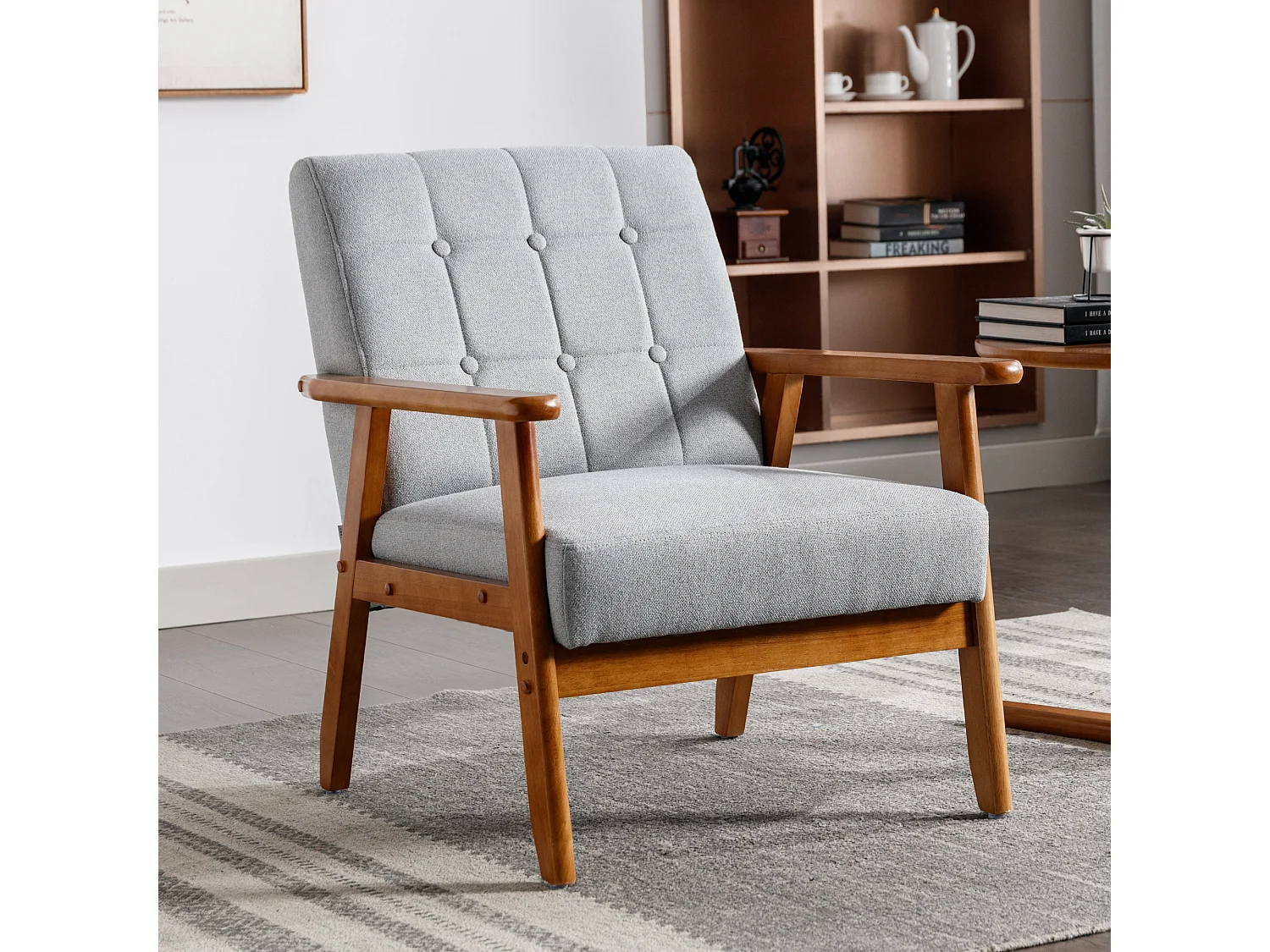KOMHTOM Loungesessel mit Armlehnen und Massivholzbeinen, Mid-Century Modern Beistellstuhl, grau