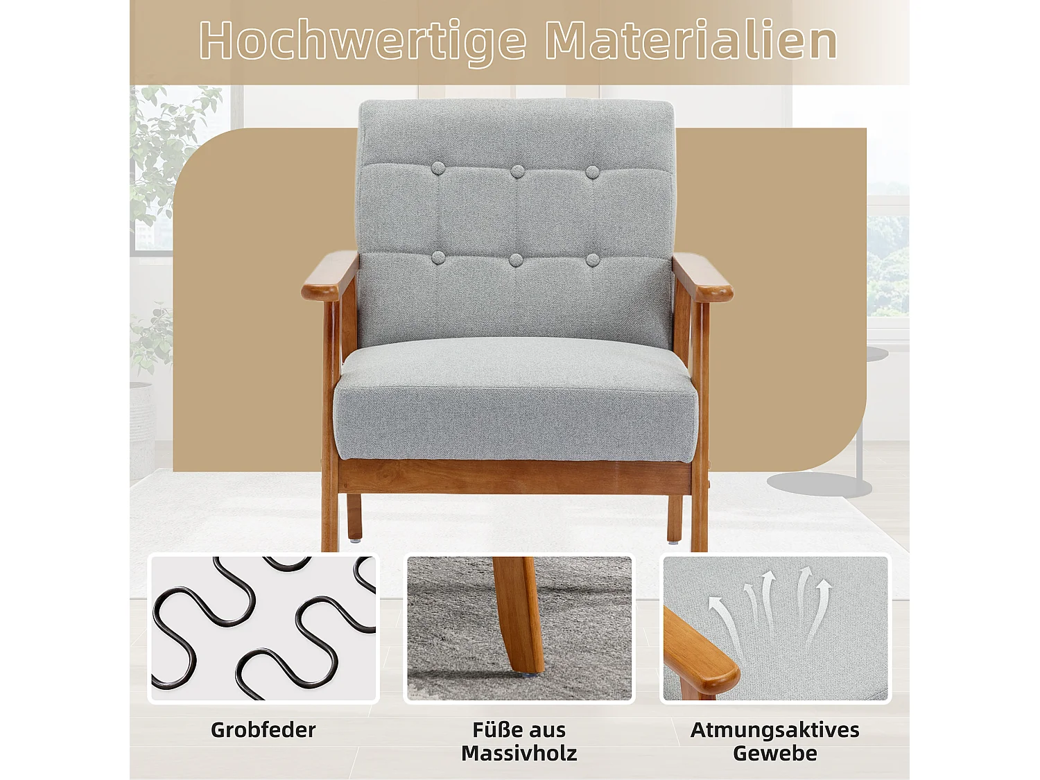 KOMHTOM Loungesessel mit Armlehnen und Massivholzbeinen, Mid-Century Modern Beistellstuhl, grau