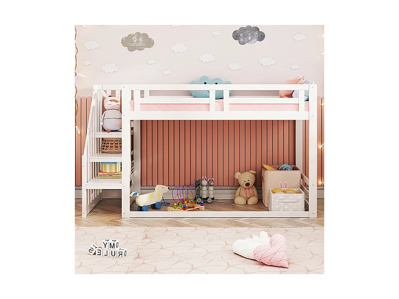 Lit pour enfant 90 x 200 cm, lit superposé bas avec escalier de sécurité, structure en bois massif, couleur blanche.