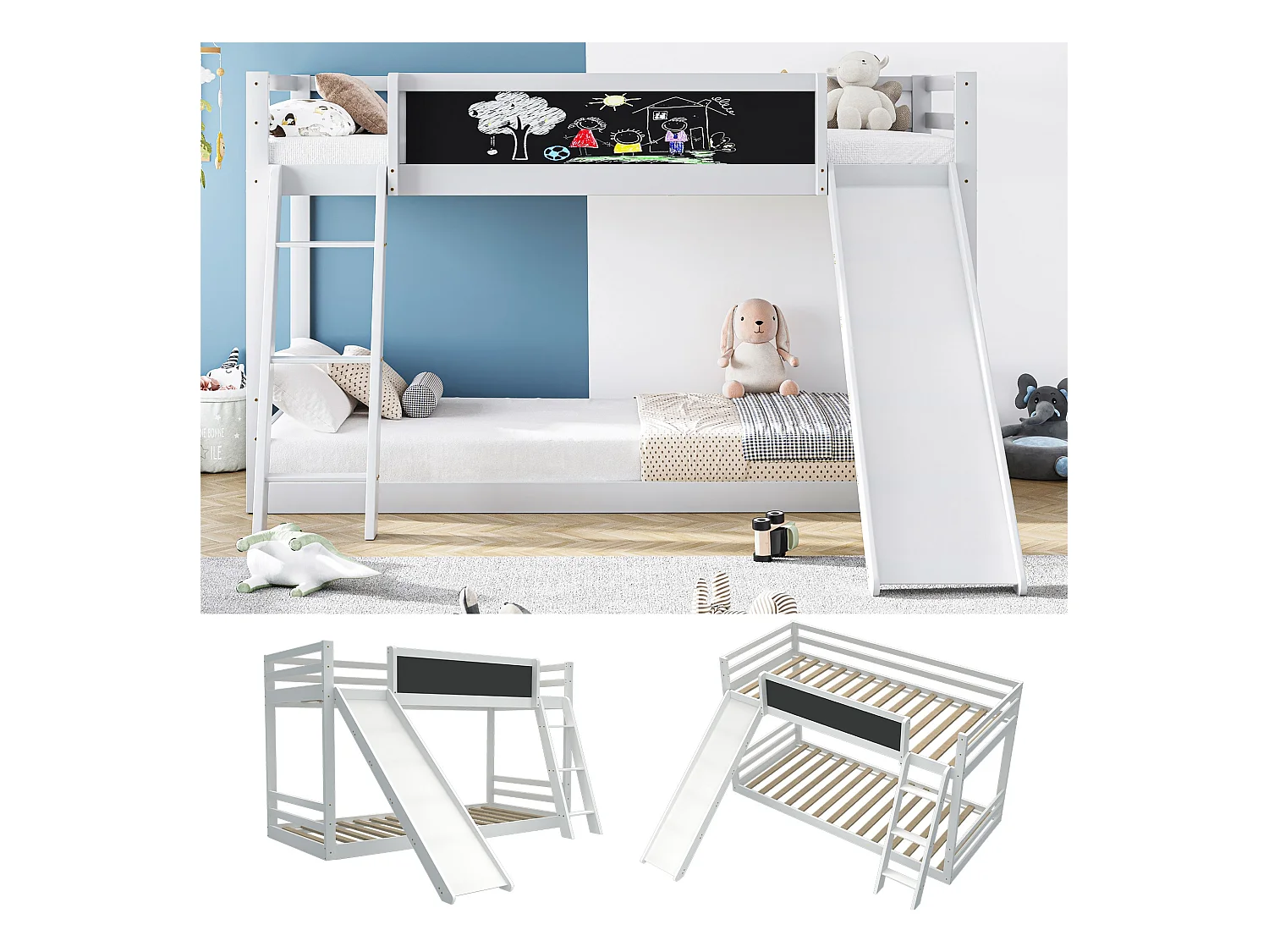 Doppelbett mit Treppe und Rutsche, Bett mit Bettgitter, Massivholz, weiß, 200x90 cm.
