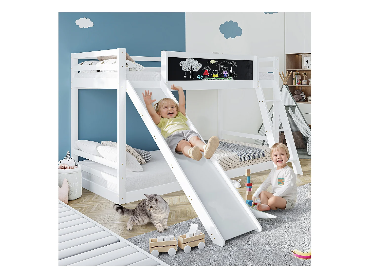 Lit double avec escalier et toboggan, lit avec barrière, bois massif, blanc, 200x90 cm