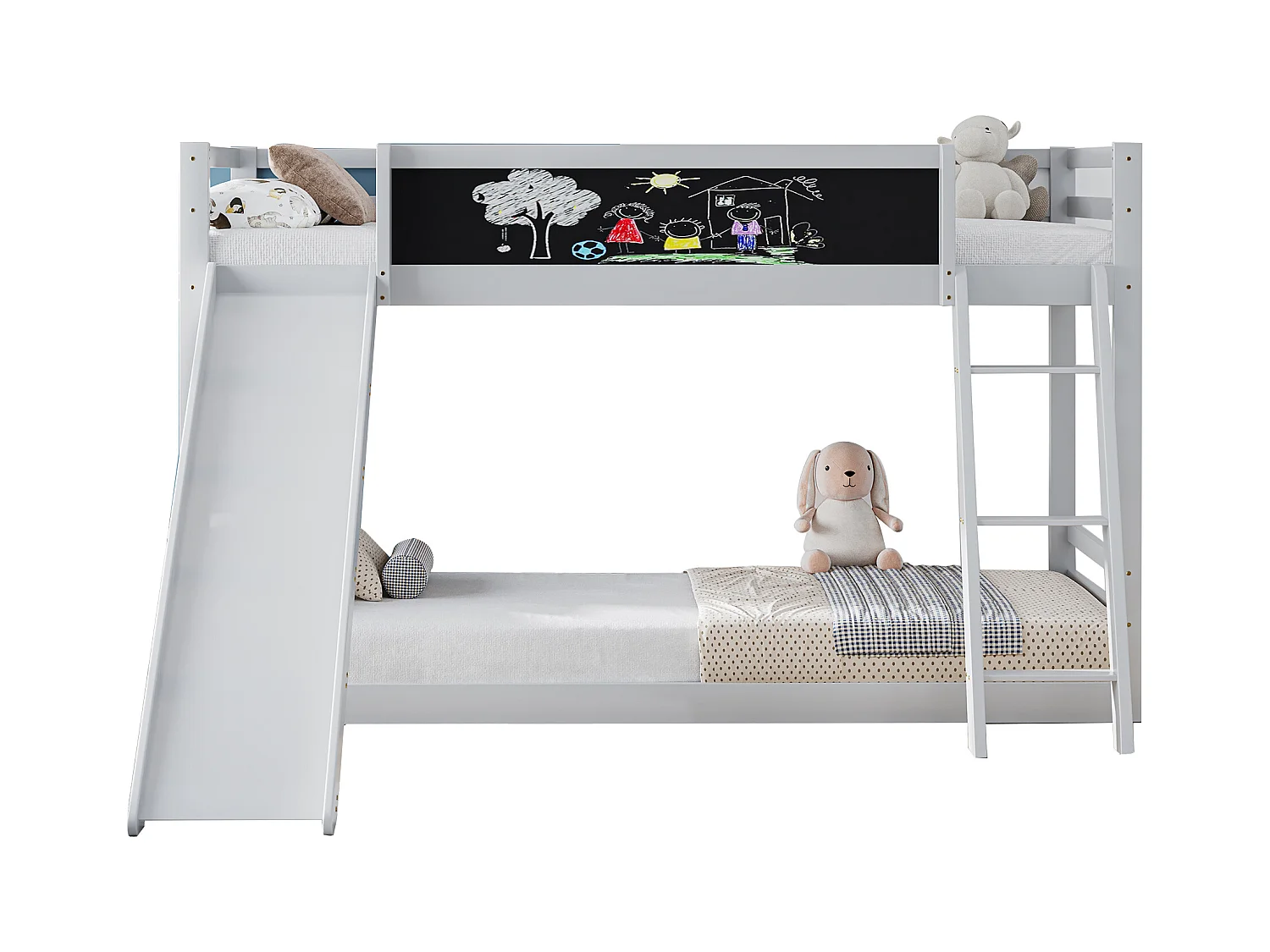 Lit double avec escalier et toboggan, lit avec barrière, bois massif, blanc, 200x90 cm