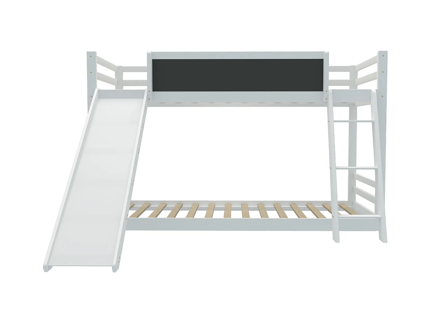 Lit double avec escalier et toboggan, lit avec barrière, bois massif, blanc, 200x90 cm