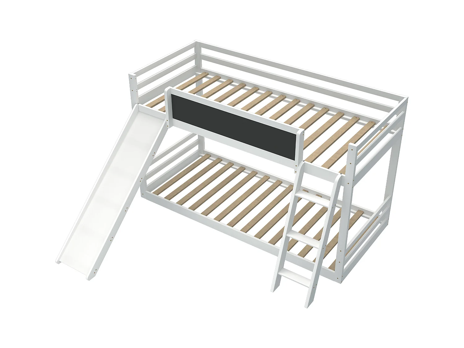 Lit double avec escalier et toboggan, lit avec barrière, bois massif, blanc, 200x90 cm